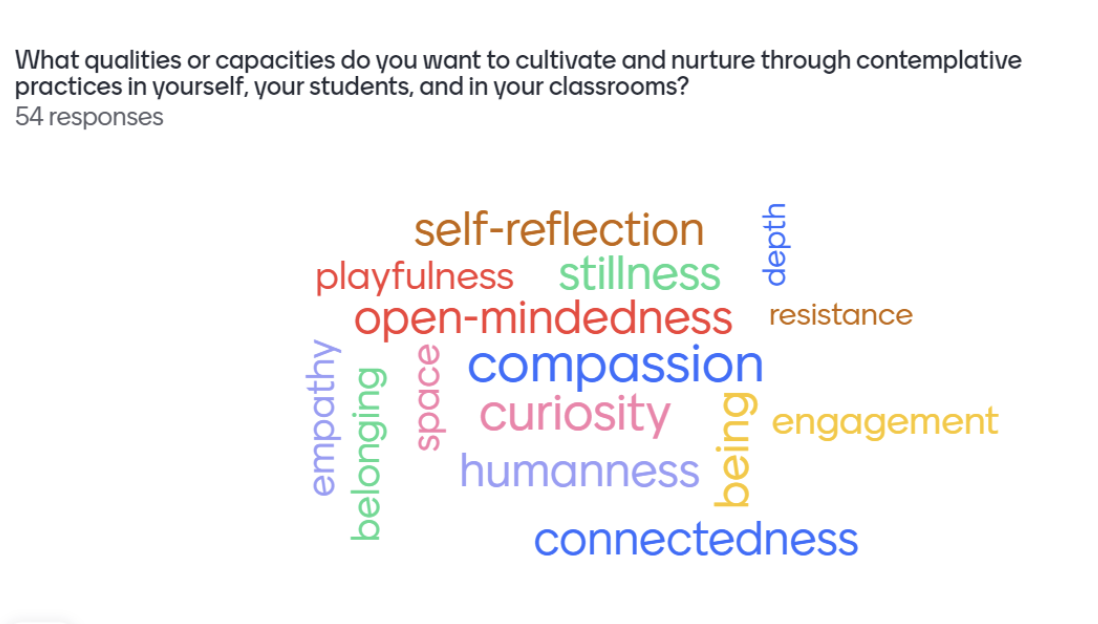 Screenshot of a word cloud with answers to the question: What qualities or capacities do you want to cultivate and nurture through contemplative practices in yourselve, your students and in your classrooms? With the major answer being compassion, open-mindedness, curiousity, self reflection, connectedness.